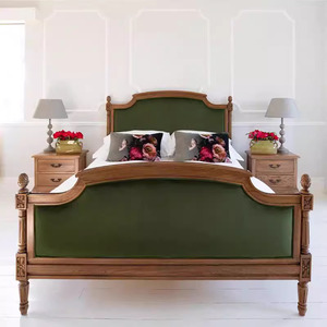<span class=keywords><strong>Cadre</strong></span> de lit en bois massif sculpté en chêne rustique-Lit simple/double moderne rétro vieilli avec dossier doux et design princesse - Product Image 1