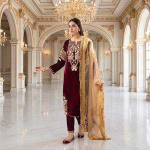 Ensemble de robes décontractées pour femmes, kurta avec pantalon, dupatta et broderie en dentelle Zari - Product Image 1