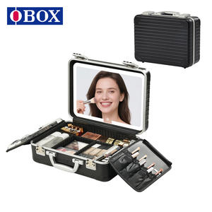 OBOX <b>Makeup</b> Case Black Silver Stripe Pattern Illuminated Mirror Large Capacity <b>Professional</b> Portable Cosmetic <b>Bag</b> With Lock - Product Image 5