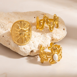 Bague en forme de fleur avec incrustation de pierre naturelle, plaqué or 18 carats, design irrégulier, pour femme, cadeau de bijoux - Product Image 4