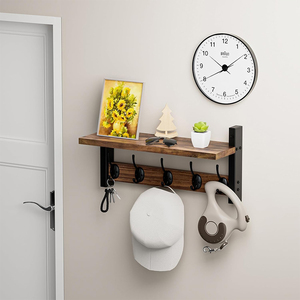 Étagères murales rustiques pour salle de bain, entrée, en bois, pour vêtements, chapeaux, serviettes, sacs à main, peignoirs, manteaux, avec crochets muraux - Product Image 6