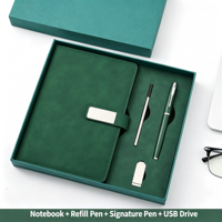 Ensemble d'affaires vert 4 pièces : Carnet A5 personnalisé avec logo, stylo, recharge et clé USB