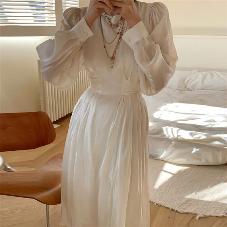 Vestido de luxo plissado irregular feminino, manga longa casual
