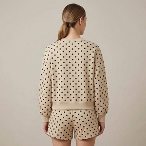 Conjunto de 2 Piezas para Mujer, Shorts de Punto con Estampado de Lunares, Cuello Redondo, Manga Larga, Casual, Primavera/Verano, Uso Diario, Corte Regular, 100% Algodón, Beige - Product Image 3