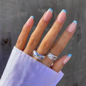 Popular whole sale high quality thick artificial false blue pink orange French style press on nails custom private label