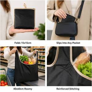 Bolsa de Compras Plegable Minimalista GRS Reciclada Tipo Tote con Ribete Beige, 5 Colores, Plega al Tamaño de la Palma de la Mano, para Compras, Viajes y Uso Diario - Product Image 3