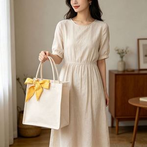 Natural Cotton Linen Canvas Tote Bag Plain Handbag for DIY Hand Painting Craft with <b>Ribbon</b> - Product Image 3