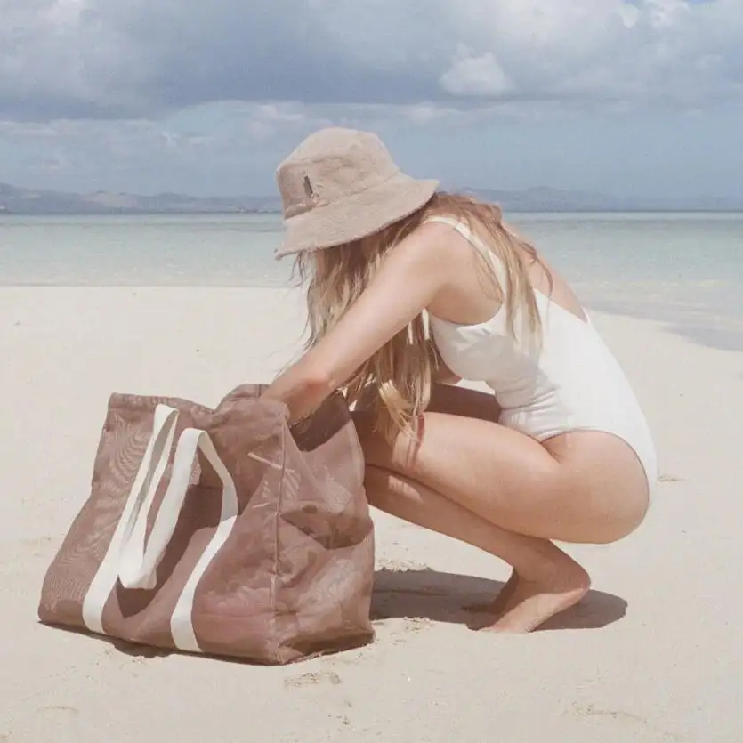 Kustom Australia Newzeland tas jinjing pantai jaring wanita portabel dengan bahu dan ritsleting, tas belanja bepergian jala wanita besar