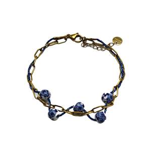 Fashion <b>Beaded</b> <b>Bracelet</b> 316L Stainless Steel PVD <b>Gold</b> Plating Sustainable Resistant Blue Ceramic Beads Chain Link Design - Product Image 1