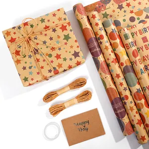 New Design Kids Birthday Kraft Printing Gift Wrapping Paper 43*300 Cm 4 Roll A Set Wrap Paper Packaging