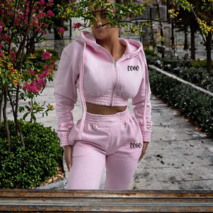 <b>Women</b> Crop Zip Up Hoodie and <b>Sweatpants</b> 2 Piece Tracksuit Set Fleece Casual Winter Outfit Wholesale OEM ODM <b>Women</b> Tracksuits - Product Image 2