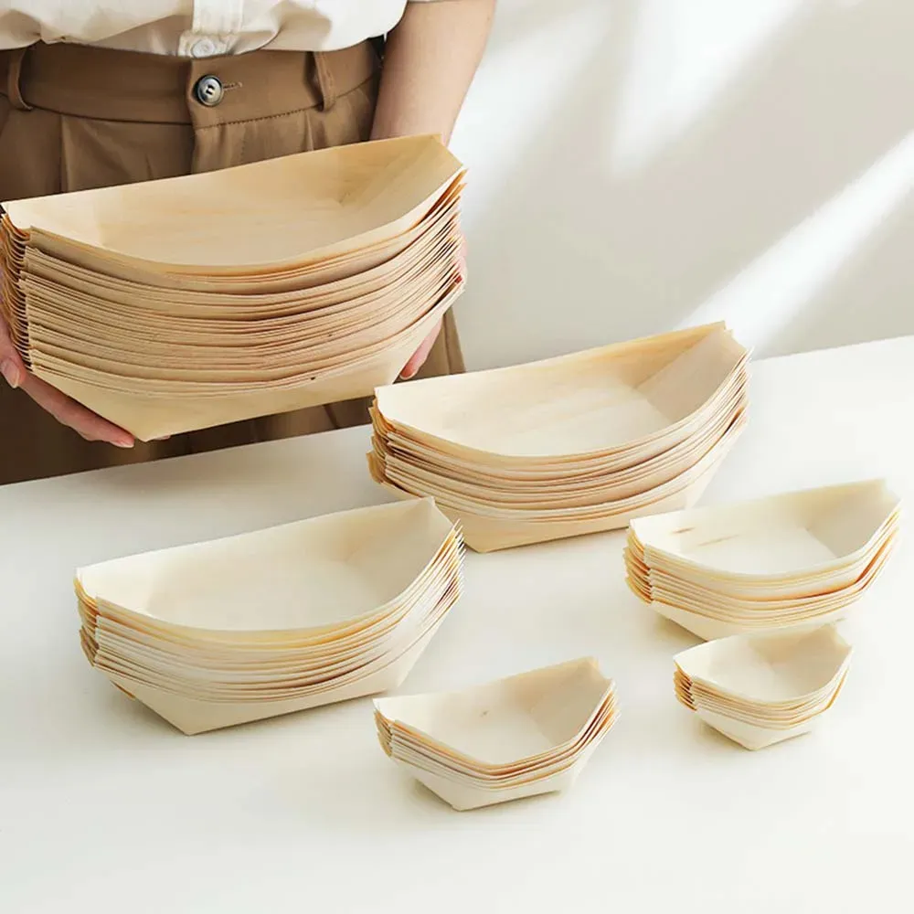Restaurant Natural Compostable Disposable Food Serving Plate Tray Wooden Sushi Boat for Food Container