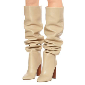 Big Size Leopard Print Suede Knee High Pointed Chunky High Heel Women Boot Solid Leather Slip-on Long Pile up <b>Booties</b> for Ladies - Product Image 1
