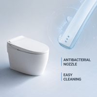 Toilette intelligente moderne et élégante avec chasse d'eau automatique, télécommande, siège chauffant, réservoir d'eau dissimulé, fixation au sol