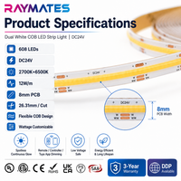 Bande lumineuse COB à LED réglable en température de couleur (CCT) UL ETL, 8 mm, 2700K+6500K, haute densité, 24V, 608 LED, CRI 90, dimmable, pour intérieur
