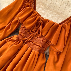 Primavera nuevo vestido de mujer cuello cuadrado de manga larga de gasa Falda larga cintura cerrada vestido Formal delgado para mujer - Product Image 6