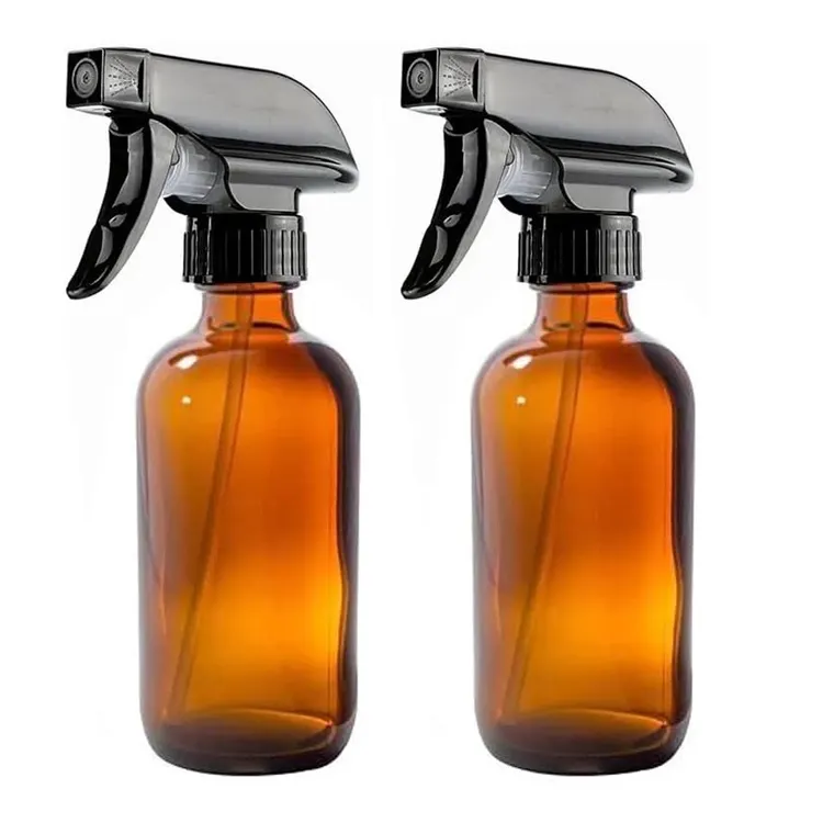 洗浄液用のホット8オンス琥珀色ガラススプレーボトル詰め替え可能な空のボトルエッセンシャルオイル植物ラベル付きヘアミスター