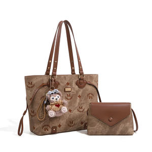 Sac fourre-tout double vintage brodé en PU, grande capacité, sac à bandoulière décontracté avec fermeture éclair - Product Image 2