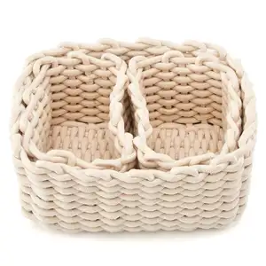 Storage Baskets Cotton Rope Organizer Handmade Woven Storage Boxes Cotton Rope Cosmetic Organizer Rectangle Cosmetic Gadgets Toys Basket Container Home Organization