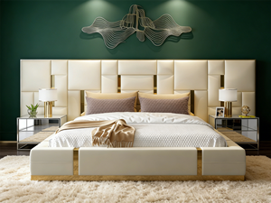 Кожаная современная кровать размера «queen-size» или «king-size» с обивкой, металлическим или деревянным каркасом, для взрослых, с роскошным изголовьем для хранения, двуспальная кровать. - Product Image 1