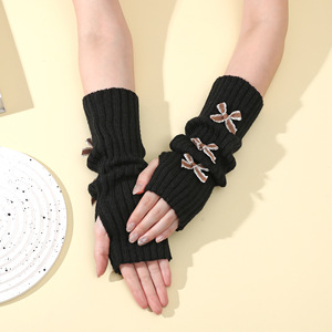 <span class=keywords><strong>Gants</strong></span> tricotés <span class=keywords><strong>mi</strong></span>-<span class=keywords><strong>longs</strong></span> à doigts ouverts de style Lolita pour femmes avec nœud - Product Image 4