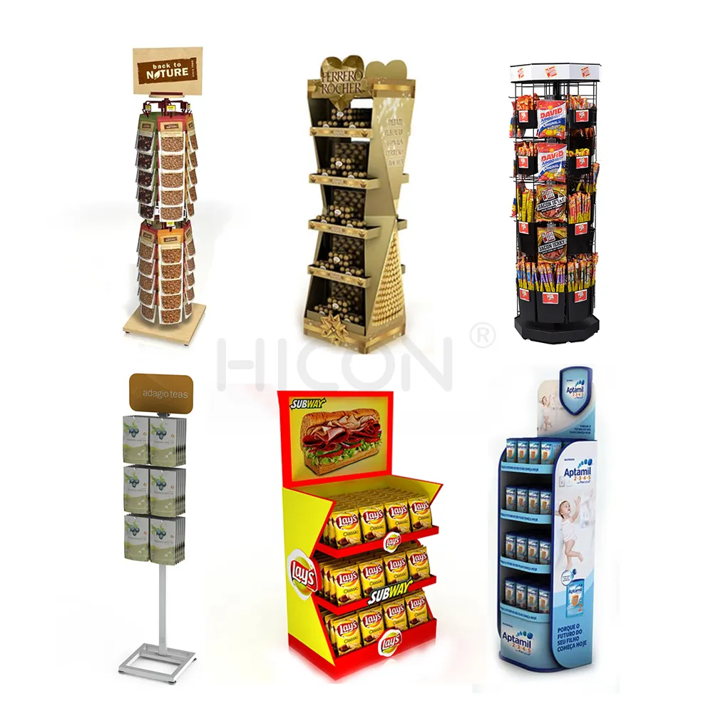 Stand de supermarché sur pied, présentoir rond doré pour sac à thé, présentoir à lait, Chips, snacks, chocolat, bonbons