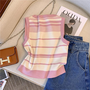 Camiseta sin mangas de punto a rayas para mujer, top informal de verano con tirantes anchos en la espalda y amigable con la piel - Product Image 2
