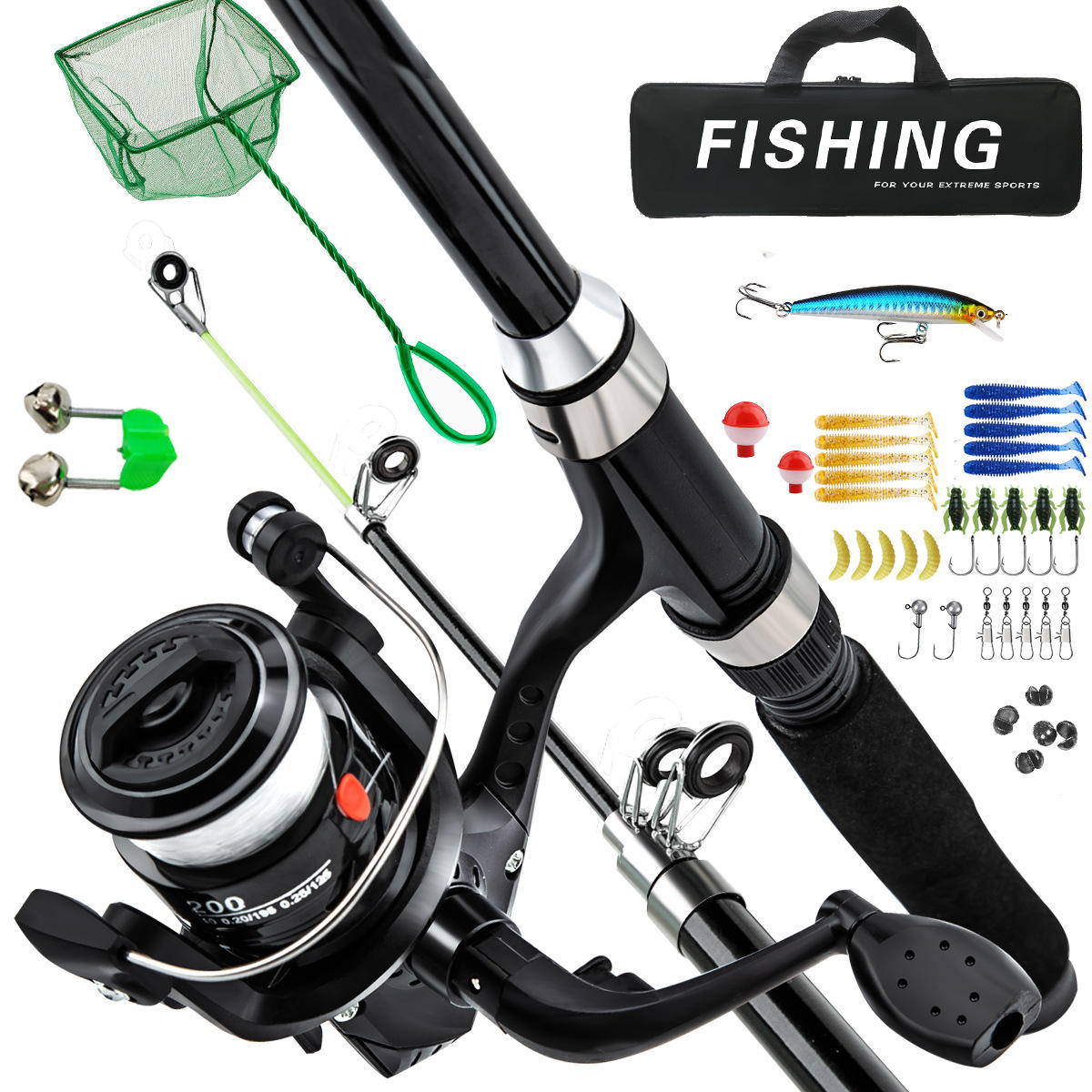 Black (rod + wheel + bait + bag+net)