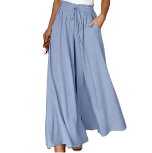 Women's High Elastic Waist Straight Full Length Breathable Pants Solid Color Cotton Loose Fit Casual Summer Style - Product Image 1