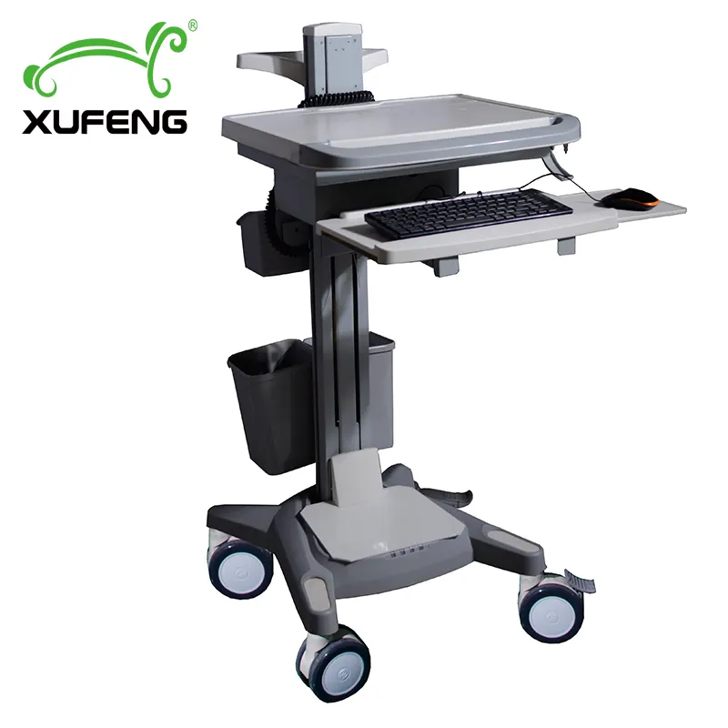High Quality Height Adjustable Treatment Hospital Laptop Mobile Computer Trolley Cart ABS Medical Workstation Trolley for Sale