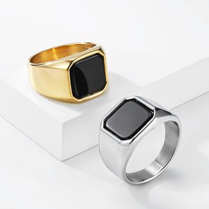 Men's Titanium Steel Black Gemstone <b>Ring</b> Geometric Square Index Finger Jewelry Gift Bezel Setting K-R1138 - Product Image 1
