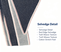 Tissu denim brut extensible 10,5 oz 8S, non-décolorant, respirant, 99 % coton, 1 % élasthanne, sergé à lisière rouge pour vestes et pantalons en jean