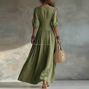 Robe longue <span class=keywords><strong>en</strong></span> lin style bohème pour femme, manches bouffantes, boutonnée, col <span class=keywords><strong>en</strong></span> V profond, plissée, coupe trapèze, robe de soirée, personnalisable OEM - Product Image 5