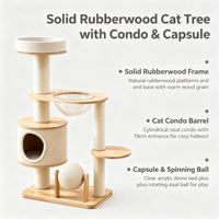 Arbre à chat WoodHaven 112,5 cm en bois d'hévéa massif écologique avec nacelle en sisal et acrylique, boule rotative et perchoirs multi-niveaux en chanvre blanc