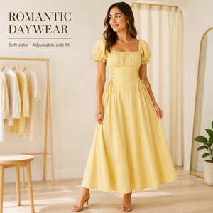 Abito Elegante <span class=keywords><strong>da</strong></span> <span class=keywords><strong>Donna</strong></span> Giallo con Scollo Quadrato, Maniche a Sbuffo, Corpetto Aderente e Gonna Midi Svasata con Laccio Laterale per l'Estate e le Serate Romantiche - Product Image 1