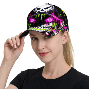 Gorra de Béisbol Estilo Punk de 6 Paneles, Ajustada, con Diseño de Calavera Neón Sublimado, Unisex, para Adultos, Uso Casual - Product Image 5