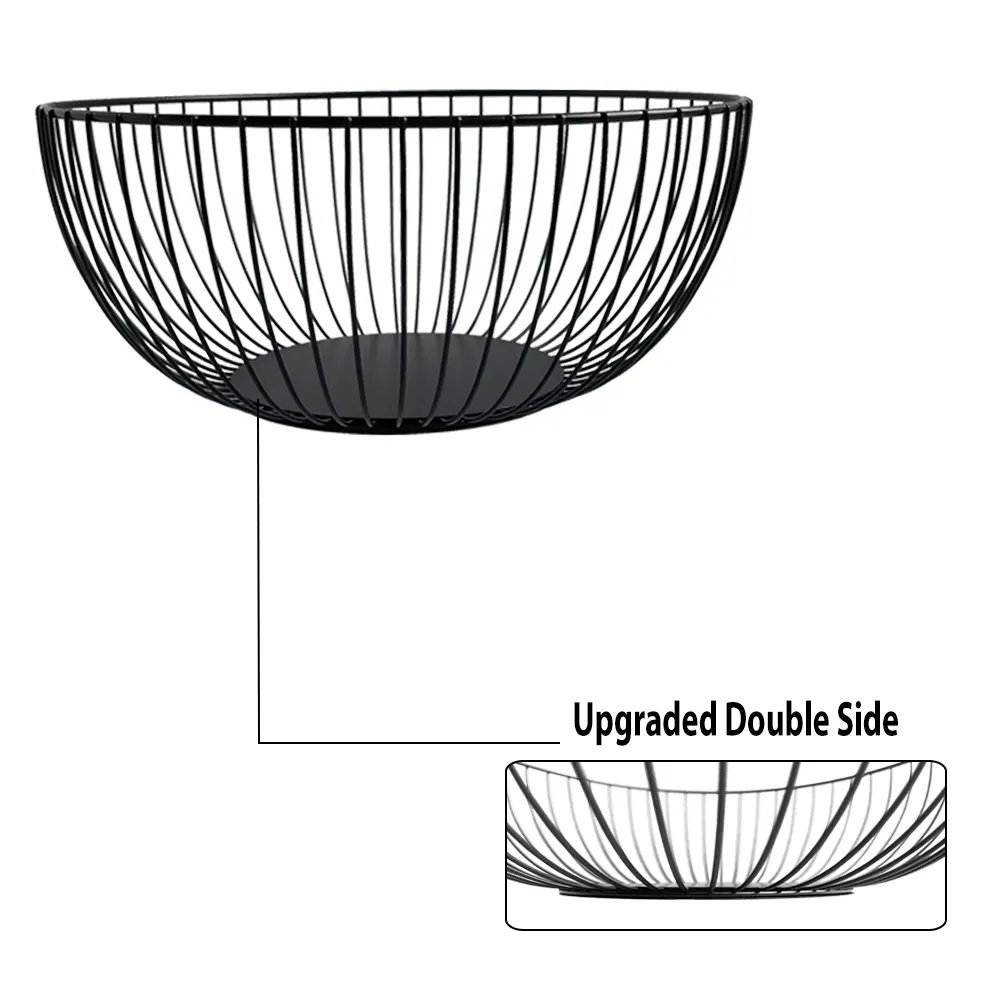 Cesta de frutas de metal para mesa, mesa moderna de mesa com fio preto fosco, cesta de metal para servir pão e legumes, salgueiro de ferro