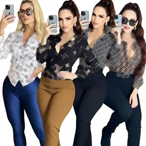 Ropa de marca para mujer, top de mujer, moda informal Sexy estampada de manga larga con cuello levantado, ropa de diseñador, camisa famosa para mujer