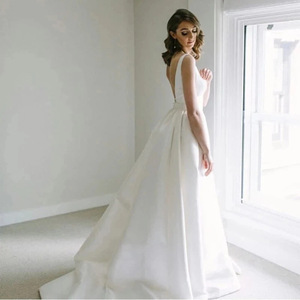 Simple French Satin Wedding Dress V-neck A-line Floor-length White Gown Forest Style Fairy - Product Image 2