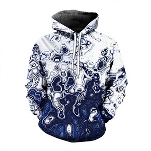 Blue <b>White</b> Abstract Marble Pattern Printed Pullover Hooded <b>Sweatshirt</b> with Drawstring and Casual Style - Product Image 1