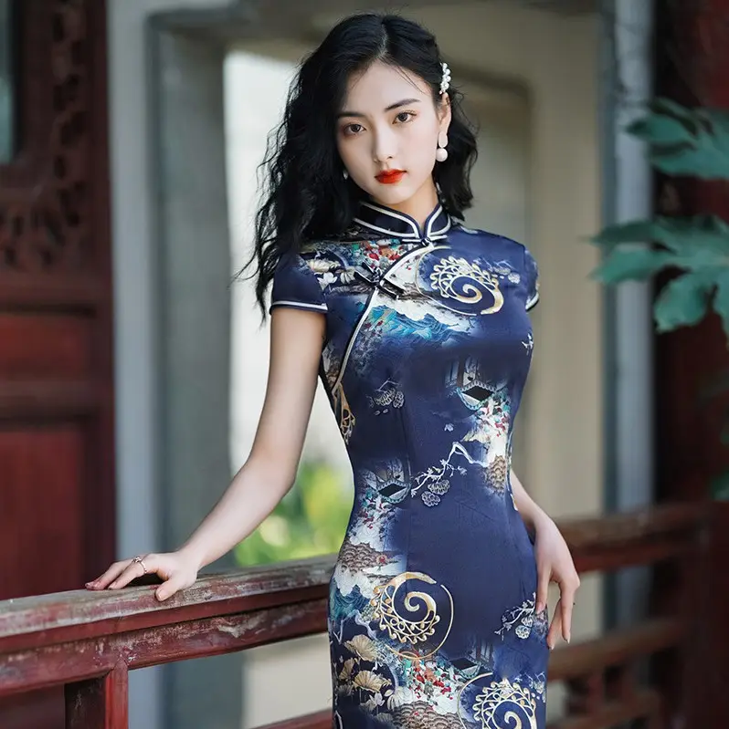 Qipao Long imprimé fleur Cheongsam chinois, couleur foncée, nouvelle collection été