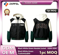 Veste de baseball à capuche patchwork tendance, broderie personnalisée, veste universitaire unisexe, vêtement d'extérieur décontracté, ODM OEM, faible MOQ