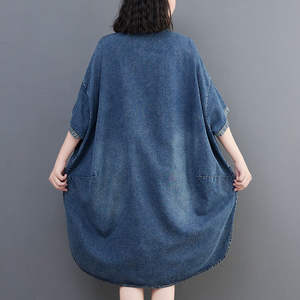Personalizza mezza manica corta tinta unita al ginocchio con collo alto ampio abiti svasati asimmetrici in Denim di <span class=keywords><strong>cotone</strong></span> da donna - Product Image 3