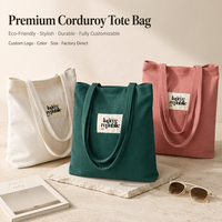 Sac fourre-tout en velours côtelé vert foncé avec étiquette tissée personnalisée, sac à bandoulière écologique réutilisable pour les courses, les voyages, les cadeaux promotionnels, vente en gros