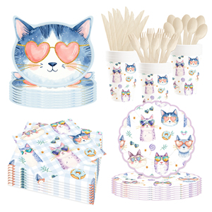DAMAI Pet Party Tableware Set with Cats Elements Includes <b>Disposable</b> Paper Plates Napkins Cups for Cats Birthday Party - Product Image 5