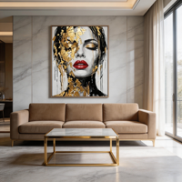 Peinture à l'huile sur toile abstraite moderne originale, faite à la main, avec feuille d'or, portrait, taille personnalisée, cadre en bois, art décoratif pour salon