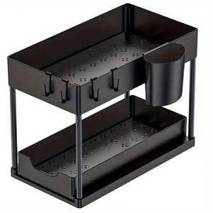 Organisateur d'évier <span class=keywords><strong>à</strong></span> 2 niveaux pour salle de bain et cuisine sous une armoire coulissante avec crochets Supports de rangement pour accessoires de cuisine - Product Image 5