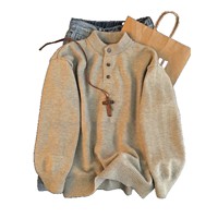 Pull à col Henley vintage de style américain pour homme - Automne/hiver - Tricot épais en polyester - Garde au chaud - Convient comme couche intérieure