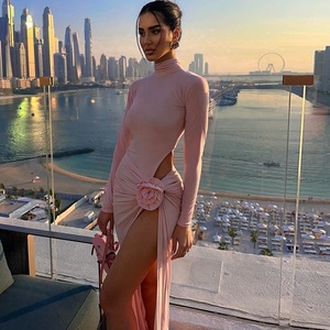 Abito da donna rosa Sexy a maniche lunghe <span class=keywords><strong>con</strong></span> fiori drappeggiato stretto lungo <span class=keywords><strong>con</strong></span> spacco elegante per celebrità abiti Casual da festa <span class=keywords><strong>vestiti</strong></span> da donna - Product Image 1