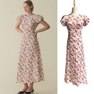Vestido Midi Romántico Francés con Estampado Floral y Mangas Abullonadas para Mujer, Vestido Dulce para Vacaciones - Product Image 3